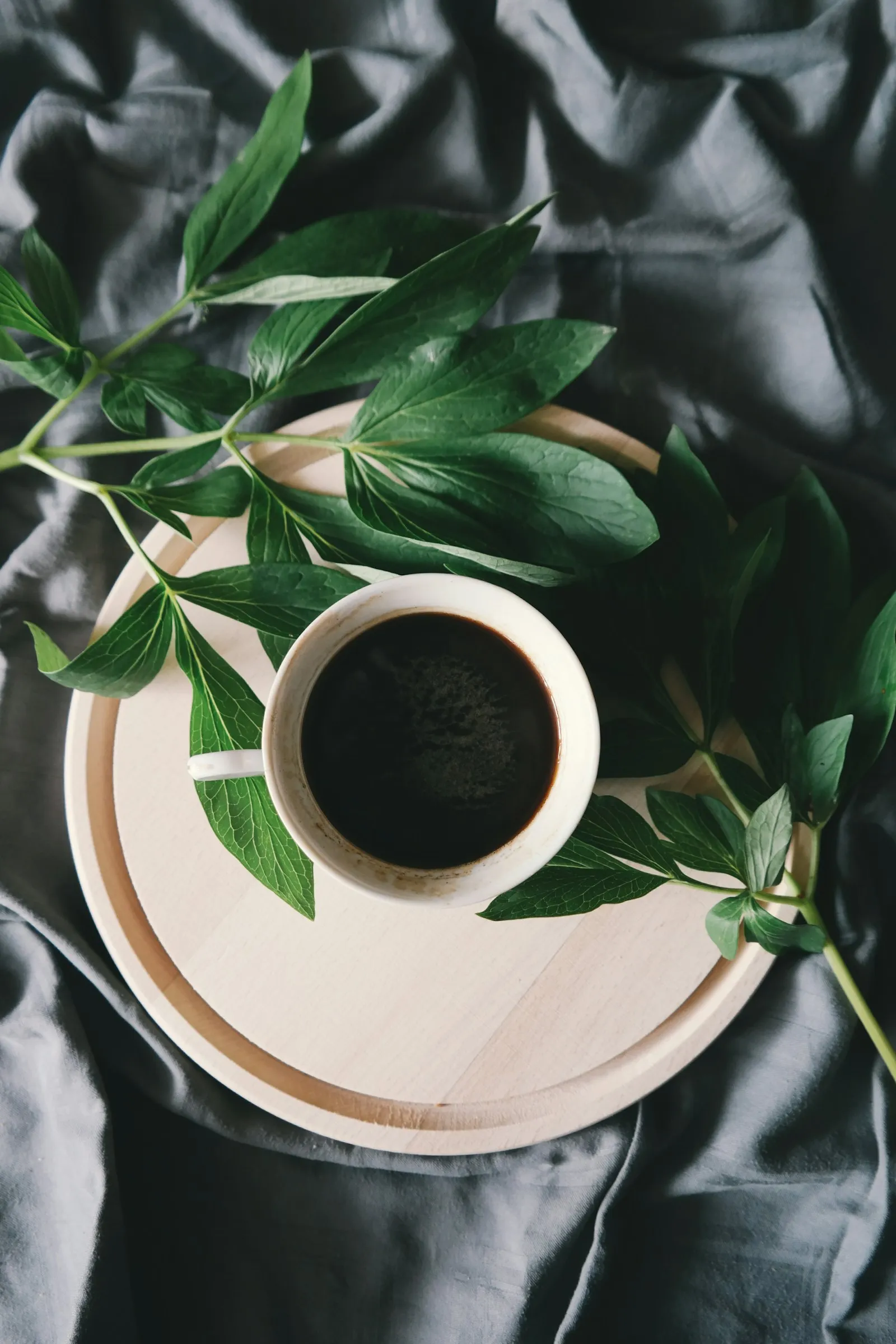 Cafea neagră într-o ceașcă albă, cu frunze verzi pe in gri